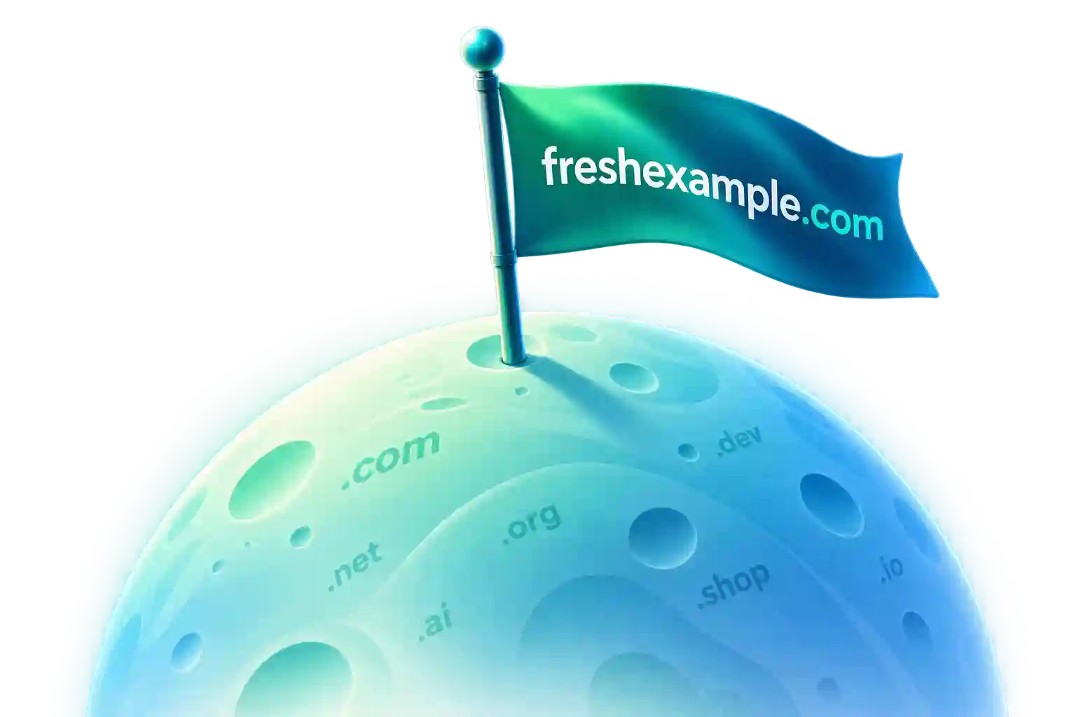 A planet with a flag planted on top, labelled with a domain name