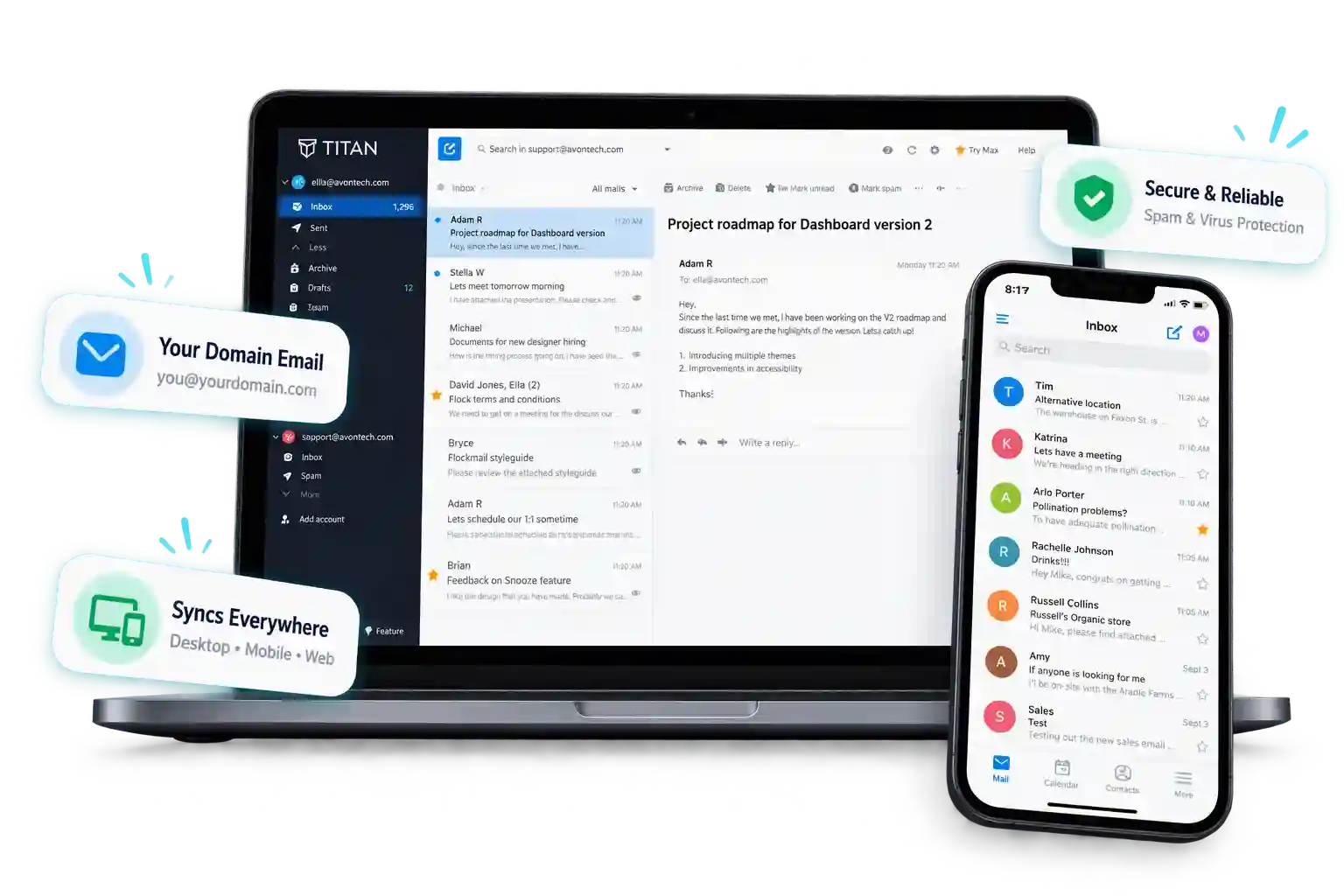 The same mailbox open on a laptop and on a phone, with the message list, the message being read and the folder list, and floating cards for a your-domain address, syncing across devices and spam and virus protection