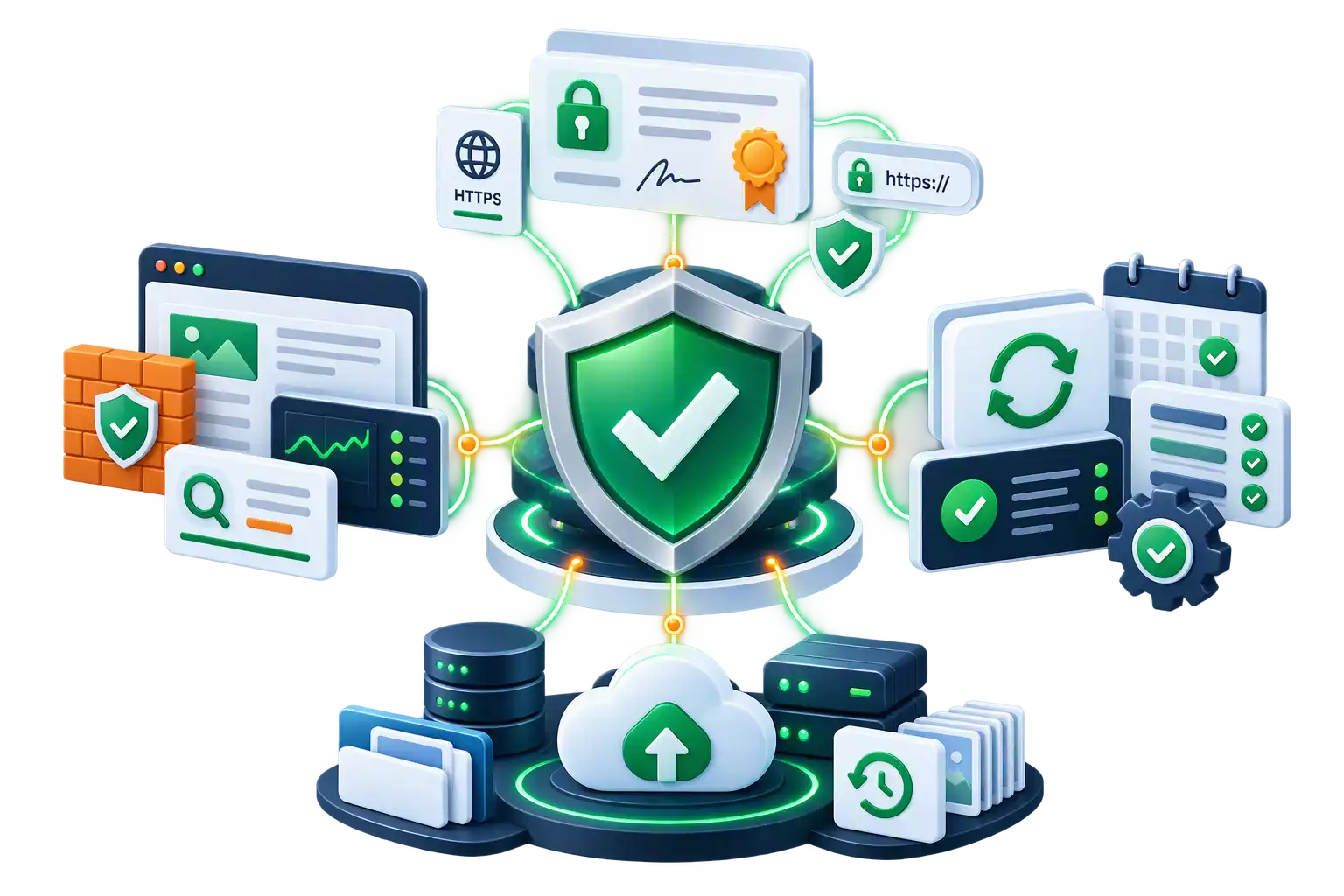A website's security stack in one view: a large shield with a checkmark at the centre, an HTTPS certificate panel and padlock above it, a firewall wall and a malware scan card to one side, and secure backup drives with a cloud upload on the other, all joined by glowing connection lines.