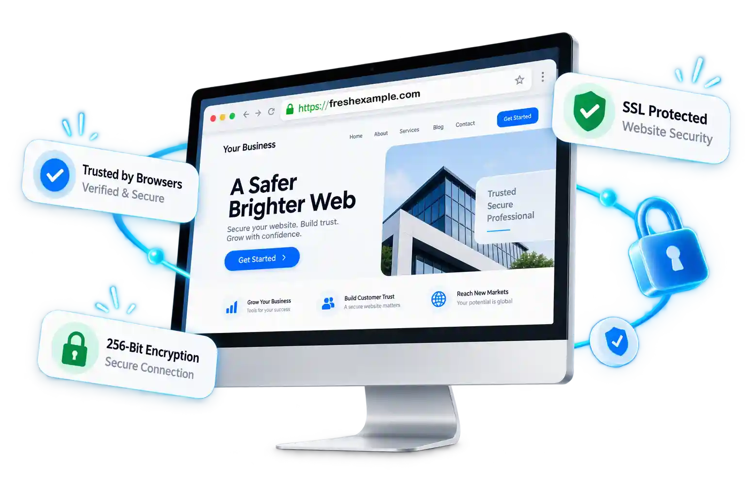 A browser window on a desktop monitor with a padlock in its address bar and the words A Safer Brighter Web on the page, beside floating cards for Trusted by Browsers, SSL Protected and 256-Bit Encryption, a large blue padlock and a verified shield badge