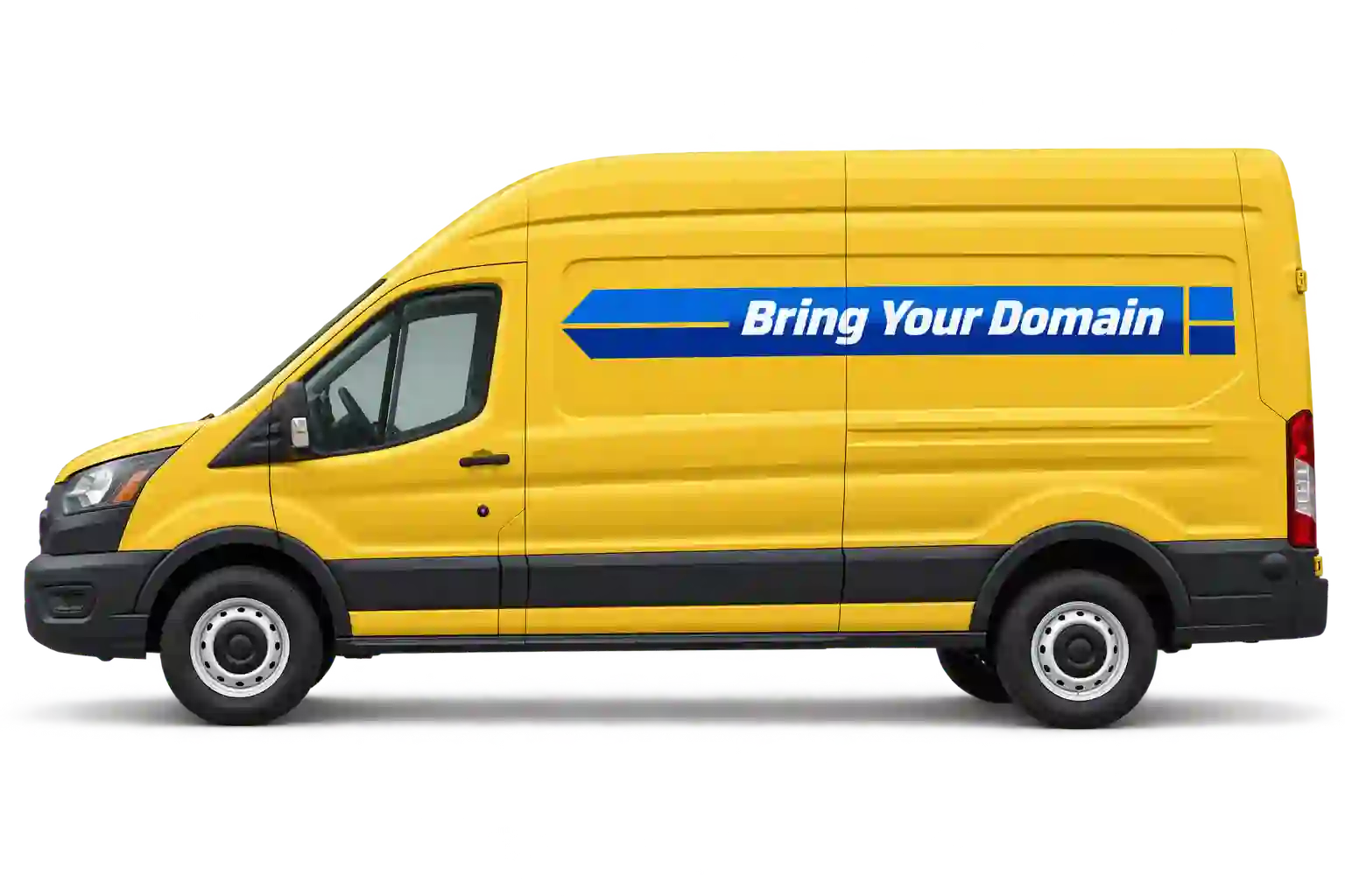 A yellow van lettered Bring Your Domain — the same instruction this page gives: collect the domain from where it is and bring it here