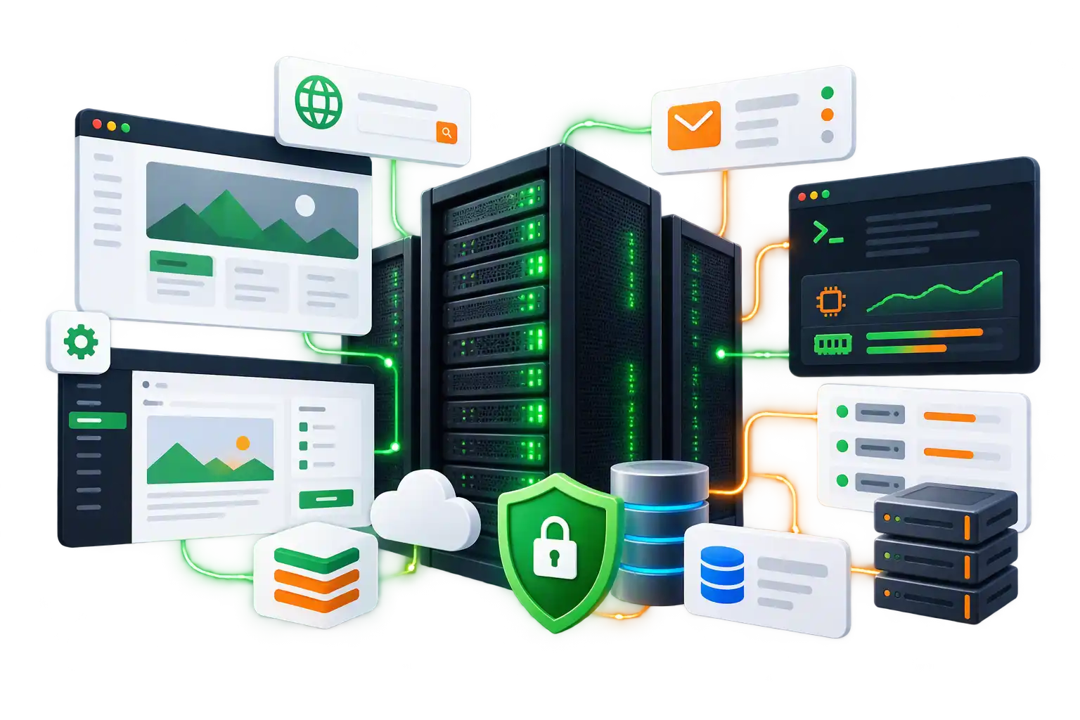 A web hosting platform at work: two illuminated server racks flanked by website, email and control-panel windows, a terminal with live CPU and memory gauges, and floating cards for domains, a database and a secured site, all linked by glowing green and orange data lines.