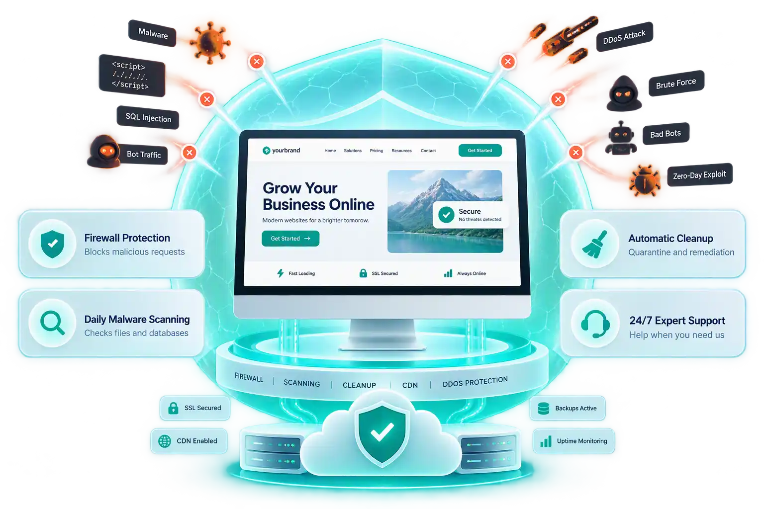 A small business owner standing calmly beside a floating security dashboard panel showing a clean status row, a blocked-threat counter and a green all-clear indicator, with a rounded shield badge clipped to the panel's top corner