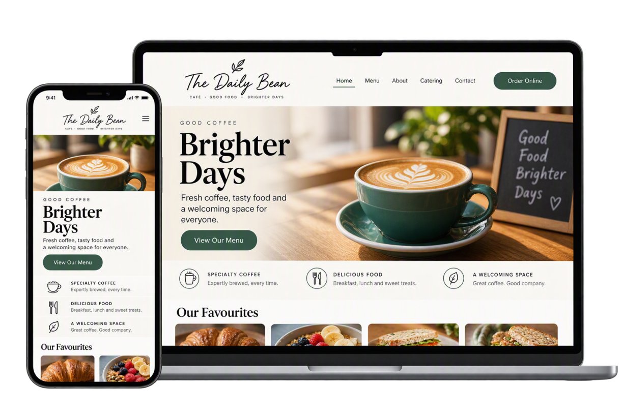The same coffee-shop website shown on a phone and on a laptop side by side