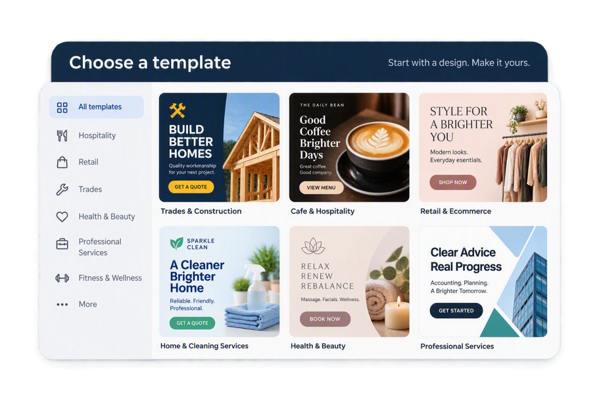 The template picker: industry filters down the left and a grid of site designs for trades, food, retail and professional services