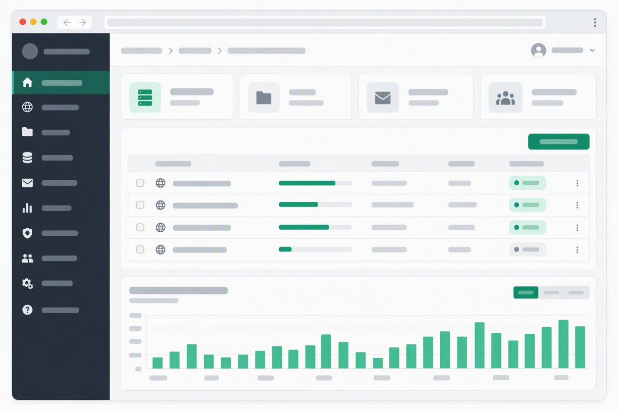 The control panel that comes with cPanel hosting: domains, files, email accounts and users in one sidebar, with a usage chart below
