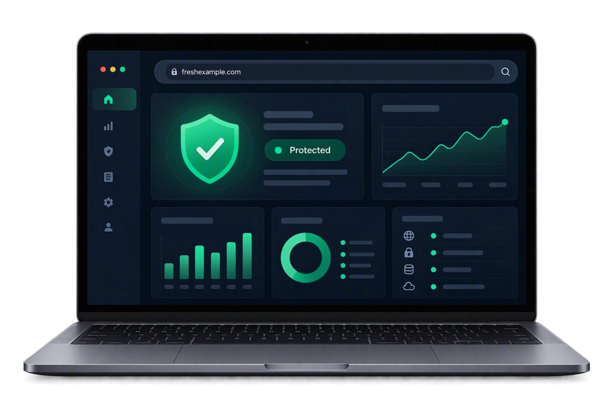A laptop showing the security dashboard: a shield marked protected, a request chart over time, and a list of the checks that passed