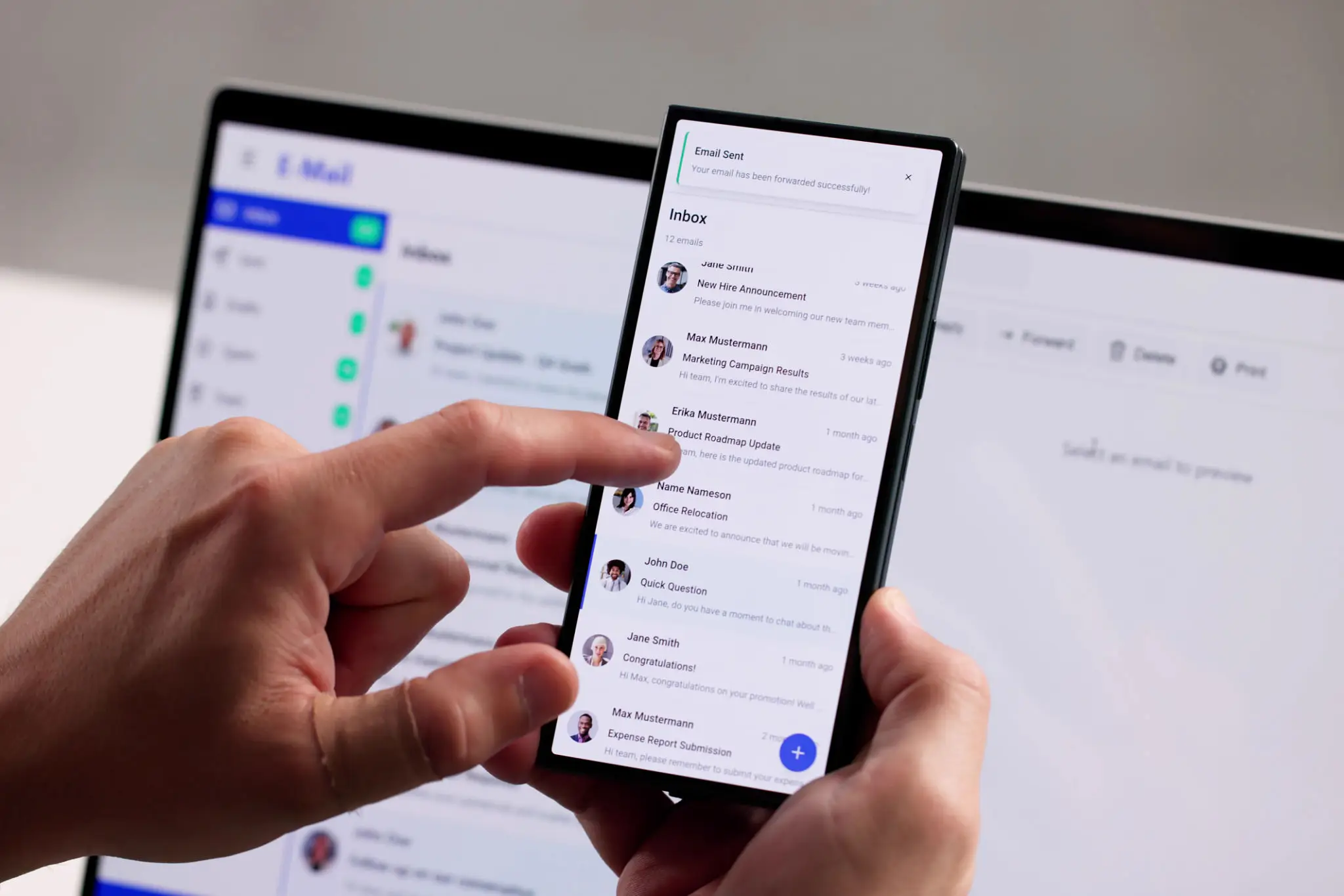 The Titan inbox on your own domain: your business address in the header, a clean message list, and shared calendar and contacts beside the mail