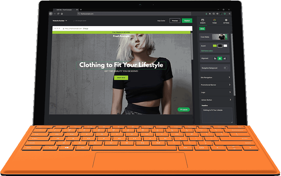 The website builder open on a laptop, with the page being edited on the left and the element settings panel on the right