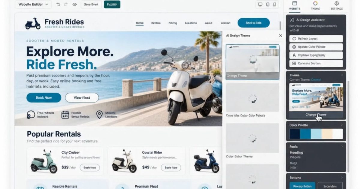 The Website Builder with a scooter-rental site open in it, the page list down the left and the Website, Theme and Settings panels on the right